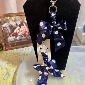 2pc Polka Dot Bow Keychain Bag Purse Charm set Navy Blue
